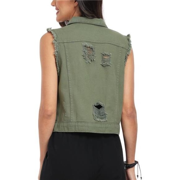 New Women's Cropped Distressed Denim Vest – Ripped Sleeveless Jean Jacket with - Picture 5 of 5